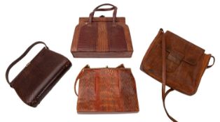 Four various leather handbags. Including a crocodile example etc.