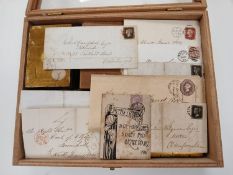 Old time GB lot in cigar box with tins and packets of Queen Victoria (1d blacks, 1d reds,