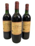 Three bottles of Chateau Lynch-Mousas Pauillac 1984. Fill levels to high shoulder, 75cl.