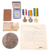 A WWI trio and death plaque to '9076 Pte Albert Burton RAMC' 1914 Star, war Medal and Victory Medal