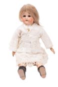 An early 20th century bisque head doll, applied blonde wig, brown glass sleeping eyes,