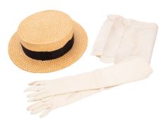 A 20th Century pair of lady's calf skin gloves. Size 6 1/4, together with a straw boater hat.