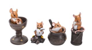 Forty boxed Richard Cooper cold bronze resin mice, various designs including with poppy, in egg cup,