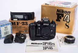 A Nikon F4S 35mm camera outfit.