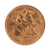 A 1910 Edward VII half sovereign coin.