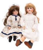 Two Armand Marseille Bisque head dolls, both with applied wigs over sleeping glass eyes,