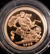 A 1990 proof sovereign coin. Boxed.