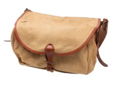 A Brady, Halesowen wicker and canvas Conway Creel. With leather strap and makers label to the front.