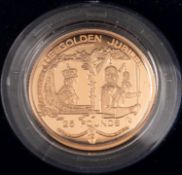 A 2002 Golden Jubilee Alderney & Guernsey £25 gold pair. Both 7.98g of 22ct gold, boxed.