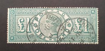 1887 £1 green SG212 used with circular cancels.