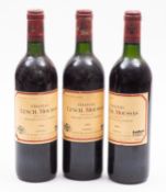 Three bottles of Lynch-Moussas Pauillac 1984. Fill levels to high shoulder, 75cl, no vol shown.