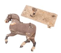 An early 20th Century scratch built painted wooden pull-along horse with stand.