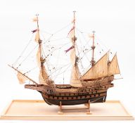 A cased scale model of a 16th century Spanish Galleon, fully rigged over detailed decks,