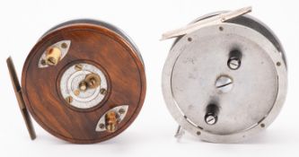 A 3 1 /2 inch mahogany, brass and aluminium star back reel by R Slater, Newark,