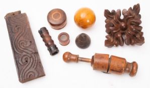 A collection of various treen , including and 18th century folding kettle handle,