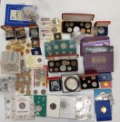 Coin sets etc in tub including 1953 sets, £5 coins (x 5), year sets, blank 50p piece,