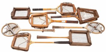 Eight early 20th Century squash rackets. Including Lockwood Brown and Dunlop etc, longest 66cm.
