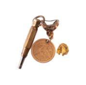 An 1877 USA quarter dollar. Holed, together with a nugget and watch key.