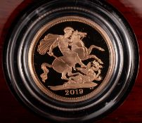 A 2019 proof Sovereign coin. Boxed.