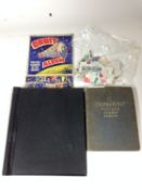 An improved stamp album and contents. Orbit album, stock book and loose in tin.