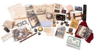 A mixed group of collectables. Including a range of postcards, coins, badges and ephemera etc.