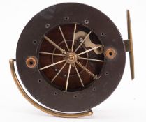 A Coxon Aerial 4 1/2 inch wood, bakelite drum and brass star back centre pin reel, unsigned,