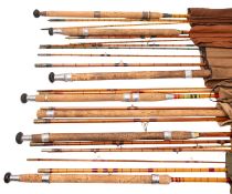A group of seven various split cane and similar fishing rods,