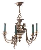 A silvered metal six light chandelier in