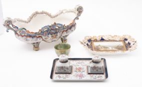 A mixed lot of ceramics comprising: a French faience two-handled oval jardiniere,