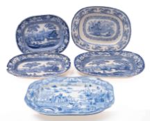 Five transfer decorated blue and white meat plates,