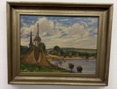 Wilhelm Tramp „Flusslandschaft mit Kirchdorf und Fischernetzen“, 1936  Düsseldorfer Schule