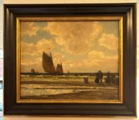 Öl Gemälde "Segelschiffe an Küste" Düsseldorf um 1880