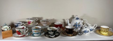 Tea Time Lot: Heirloom Bone China Tea Pot, Creamer & Sugar, Assorted Tea Cups & Tea Bag Holders
