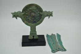 A Bronze Mirror with Base and a Group of Bronze Coins. 20th Century.