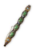 An Enamelled Chinese Silver Gilt Bracelet set with Jadeite Cabochons, c.1920,