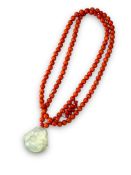 A Fine Red Coral and Agate Prayer Bead Necklace,