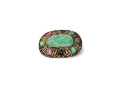 A Chinese Apple Green Jadeite Plaque, mounted as a brooch in silver gilt filigree, marked SILVER,, c