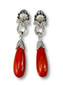 An Impressive Pair of Red Coral, Diamond and Sapphire Ear Pendants