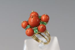 A Striking Red Coral and Emerald Dress Ring, circa 1970