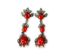 A Fine Pair of Red Coral Diamond and Sapphire Pendant Earrings