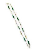 A Nephrite Jade and Pearl Long Chain, with  mark for 1976, 18ct. and signed JAD on the jump ring