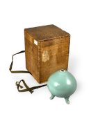 A Celadon Glazed Tripod Jar, probably Japanese 20th century, wood box and brocade stand