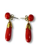 A Pretty Pair of Red Coral and Yellow Gold Pipkin Drop Earrings,