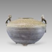 An Early Celadon Carved Handled Jar, Han Dynasty