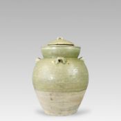 A Yue Celadon Handled Jar with Cover, Western Jin Dynasty,