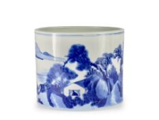 A Blue and White Landscape Brushpot, Kangxi