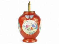 A Coral Ground Jar with vignettes of Boys, c.1800, mounted as a lamp