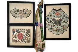 Two Chinese Embroidered Silk Collars, a Peony Panel, and Two Pairs of hanging Tabs, 19th century,