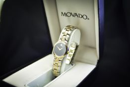 Movado Ladies Watch Black Museum Dial Two Tone Stainless Steel Bracelet & Box