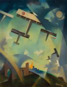 Tullio Crali - Flugzeuge tricolori; bei Sonnenuntergang über der Vorstadt, 1933